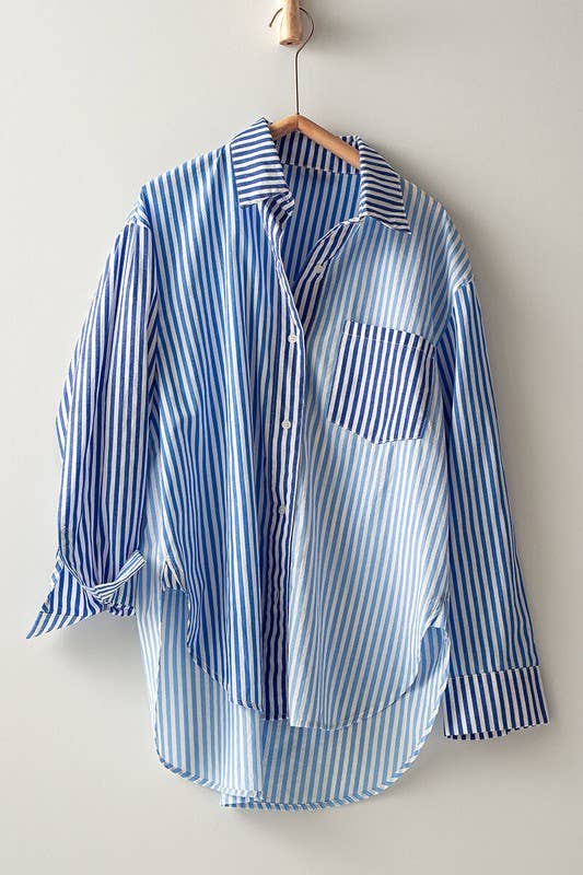 Blue and White Stripe Collared Shirt