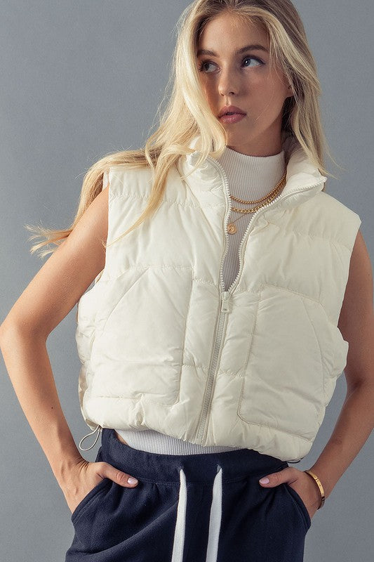 Quilt Crop Puffer Vest in White - SALE