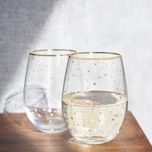 Gold Stars Stemless Wine Glass Set